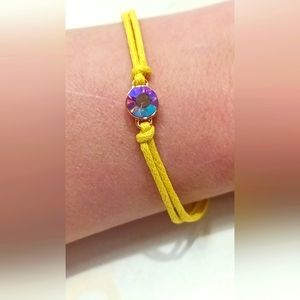 Pink Crystal Centered Yellow Nylon Bracelet Glass Stone Corded Rope Band